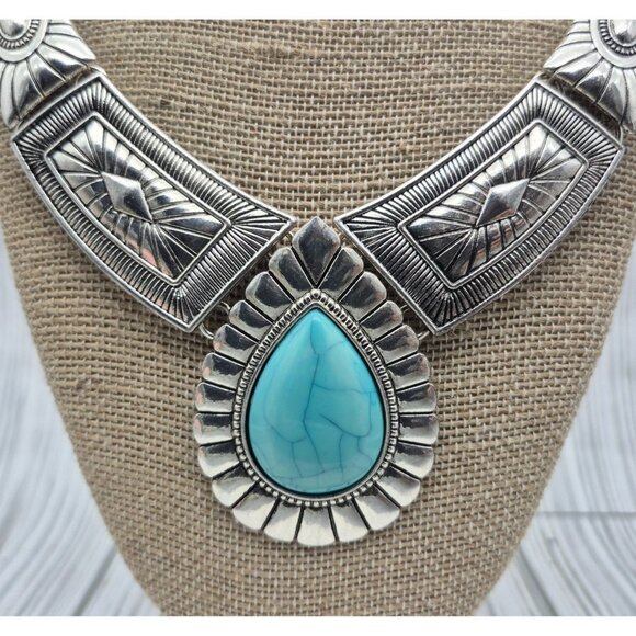 NWOT Silver Tone & Faux Turquoise Teardrop Bib Collar Necklace Southwestern 22" - Picture 9 of 10
